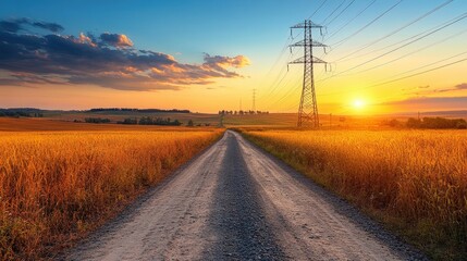 Tranquil Rural Landscape at Sunset with Gravel Road, Golden Fields, and Power Lines Under Dramatic Cloudy Sky