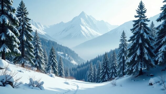 Snowy forest with riziere de montagne in Yunnan, evergreen, pine forest