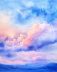 Beautiful watercolor sky with soft clouds and pastel shades of blue, pink, and purple.