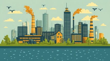 Fototapeta premium Urban Industrial Landscape with Factories, Skylines, and Lush Greenery Under a Blue Sky with Clouds and Flying Birds