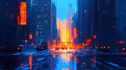 Fototapeta premium A stunning cityscape at twilight, where towering buildings cast long shadows over the main avenue