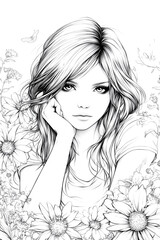 Fototapeta premium A woman with long blonde hair is sitting with her hand on her chin. She is looking at the camera with a smile on her face. The background features a field of flowers