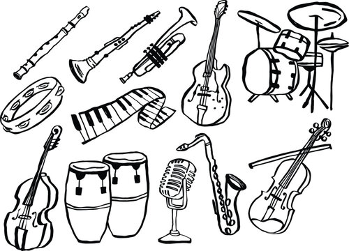 A set of hand-drawn brush-style illustrations featuring various jazz musical instruments, including saxophones, guitars, drums, clarinets, and vintage microphones. Ideal for jazz-themed designs, poste