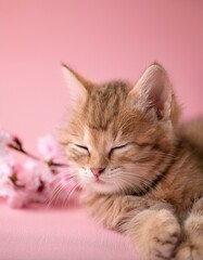 Obraz premium 淡いピンクの背景に寄り添う子猫が演出する春の優しいひととき 