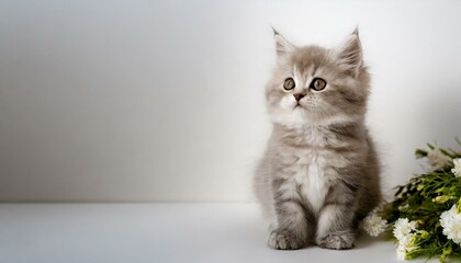 シンプルなホワイト空間に、ふわふわの子猫がちょこんと座る可愛らしい春の情景
