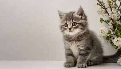ホワイトのミニマルな背景に佇む子猫が、春の柔らかく穏やかな雰囲気を醸し出す
