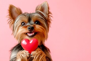 Yorkshire terrier - my cherished dog. Advertising visual idea. Cute yorkshire terrier hound with diamond red heart - symbol of love, funny greeting card. Animal valentines. Valentine's puppy.