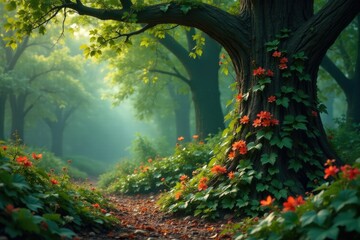 Vines and flowers entwine ancient tree trunks, plants, plant life