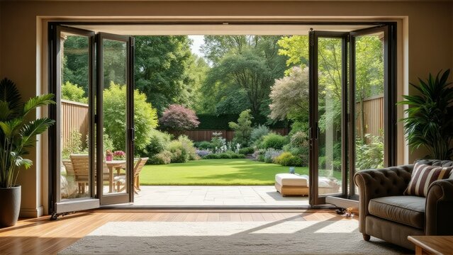 Fototapeta Interior view showcasing a lush garden through open folding doors
