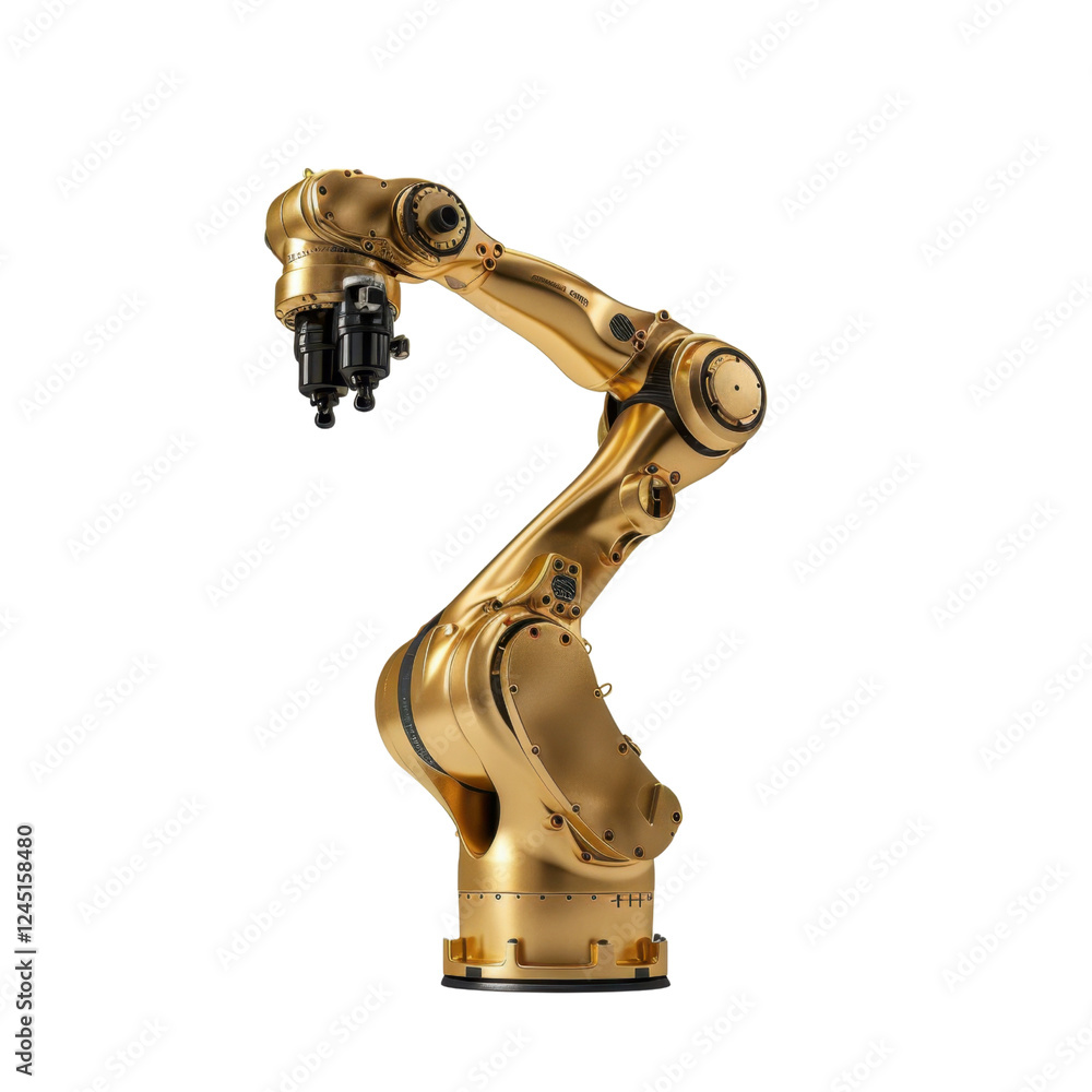 Poster golden robotic arm with multiple joints and gripping mechanism, designed for precision tasks in indu