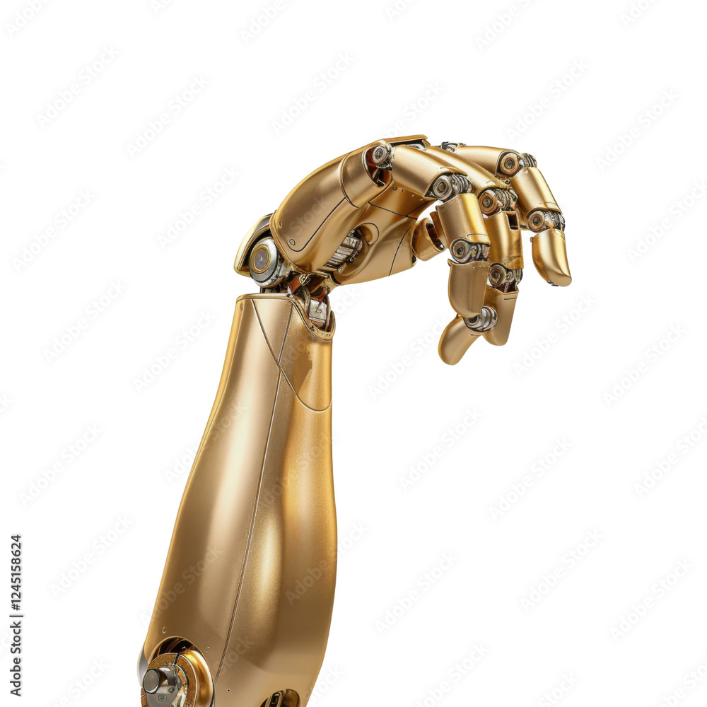 Poster golden robotic hand with articulated fingers, showcasing advanced technology and design. this repres
