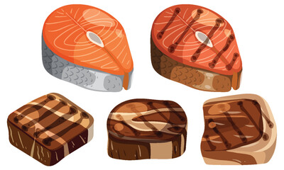 Grilled Meat and Fish Steaks Illustration