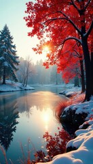 Naklejka premium Warm sunlight filters through branches of trees with red autumn leaves, frozen lake, winter garden