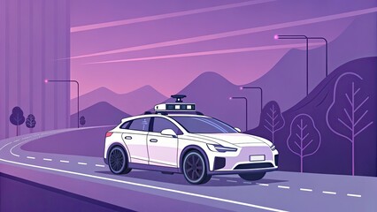 Futuristic autonomous vehicle on a scenic road