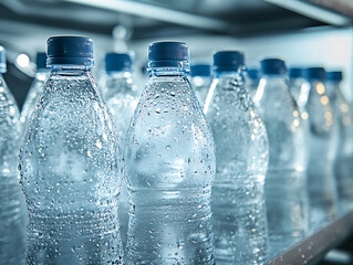 A bottle of water is placed on a shelf in the refrigerator