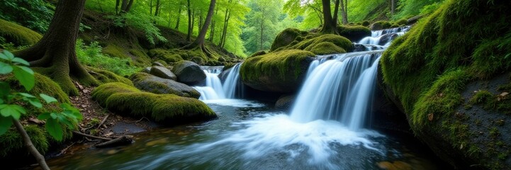 Obraz premium Water cascades over moss covered rocks in a secluded valley, valley, natural