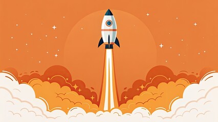 Fototapeta premium Retro-style rocket launching into an orange sky