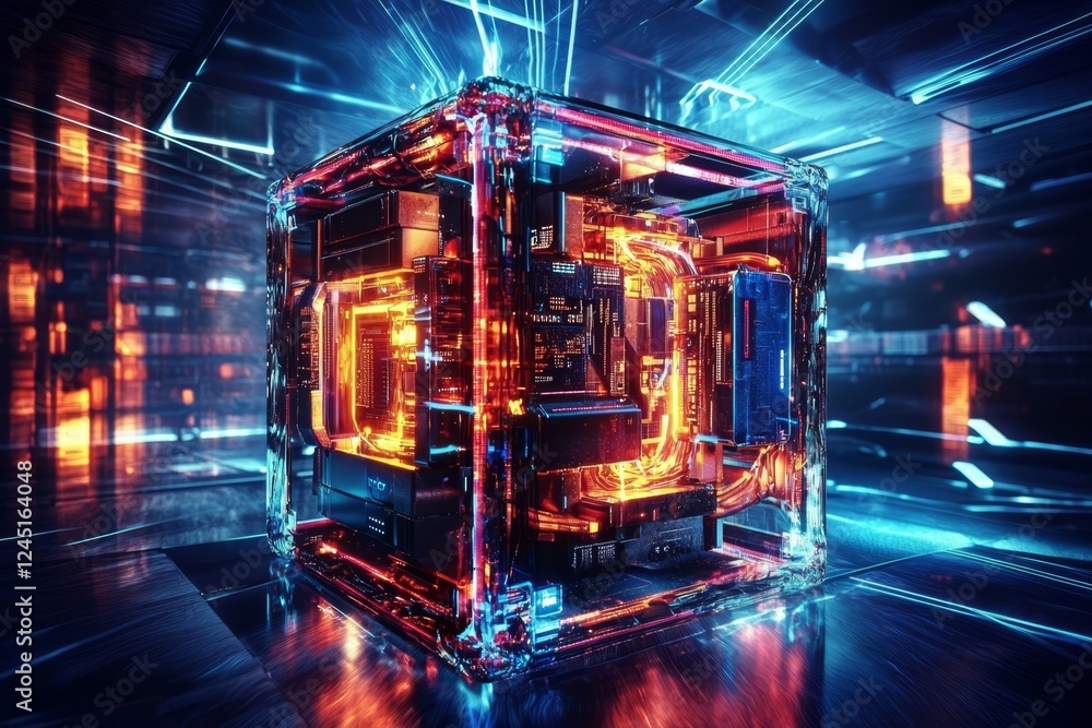 Poster a sleek and compact server cube ideal for technological advancements in data storage.