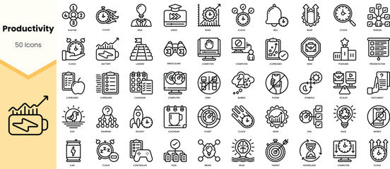 A diverse collection of 50 productivity icons in a minimalistic style showcasing time management and efficiency concepts.
