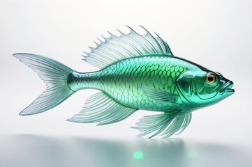 Obraz premium Teal glass fish sculpture isolated on white.