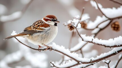 A charming sparrow resting on a branch blanketed with snow.