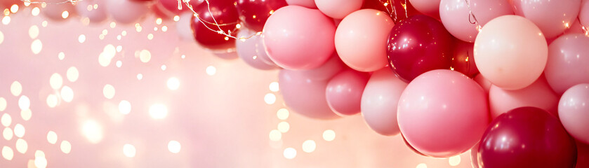 Colorful balloons create a festive atmosphere with sparkling lights in the background.