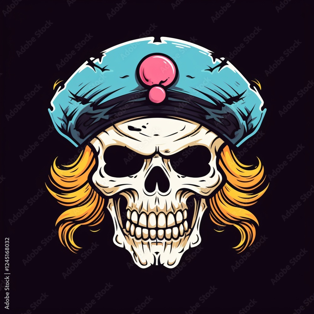Aufkleber skull with colorful cap and flowing hair in a striking design highlighting unique artistic expressio
