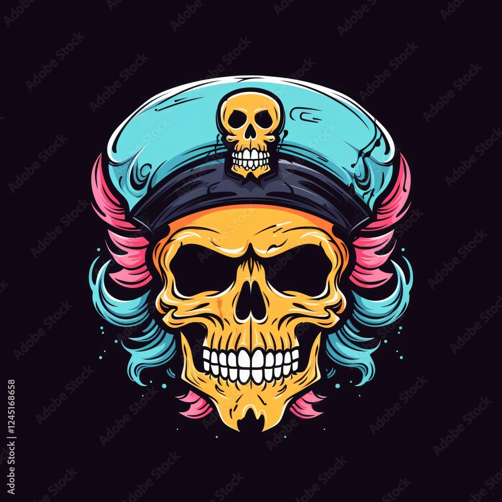 Poster skull design featuring a cap and bold colors with a striking appearance. generative ai