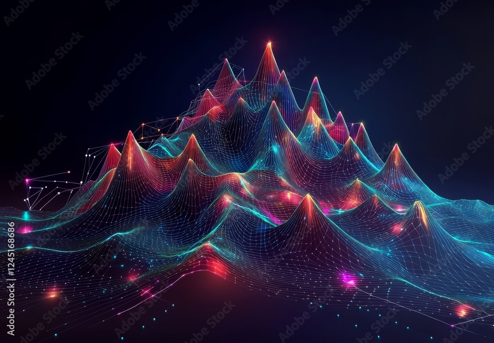 Poster a blend of scientific elements with lines and dots representing technology near a mountain peak.