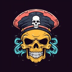 Fototapeta premium Skull With Military Cap and Ghostly Blue Hair Surrounded by Dark Background. Generative AI