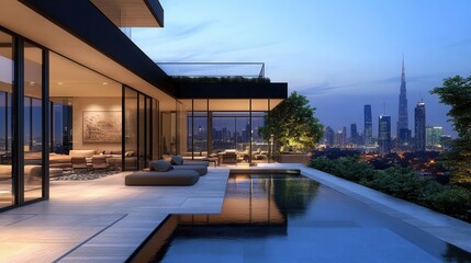 Obraz premium Modern penthouse with infinity pool, city view. Luxury real estate, ideal for showcasing high-end living.