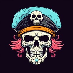Detailed Artistic Representation of a Pirate Skull Wearing a Colorful Hat With Bold Features. Generative AI