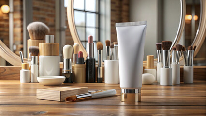  Blank White Cosmetic Tube with Makeup and Plant on Marble Background 