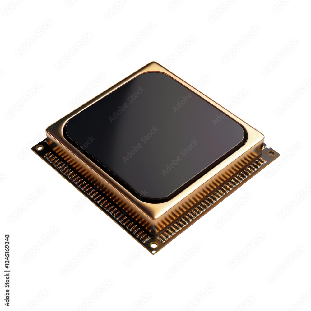 Poster high performance computer processor with sleek design and gold accents, ideal for technology and ele