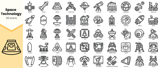 A collection of 50 space technology icons showcasing various spacecraft, satellites, and futuristic tools in a sleek design.