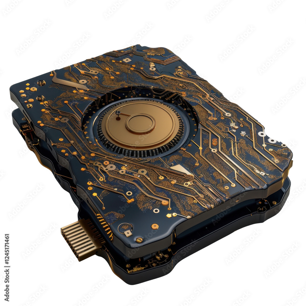 Aufkleber detailed 3d rendering of futuristic circuit board with intricate gold and blue patterns, showcasing 