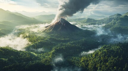 A high-altitude view of a smoking volcano surrounded by dense forests, illustrating its remote location,