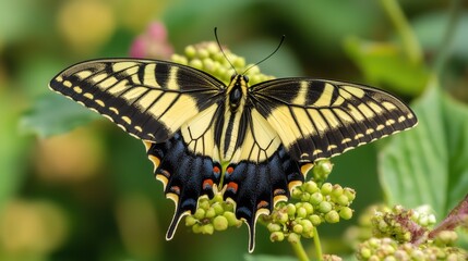 Fototapeta premium Black Swallowtail Butterfly with Yellow Spots - Close-up Nature Photography