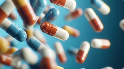 Colorful Capsules Falling on Blue Background