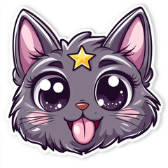 Starry-Eyed Kitty: A playful and whimsical cartoon illustration of a gray cat with large, sparkling eyes, a star on its forehead, and a playful expression.  Its tongue is sticking out.