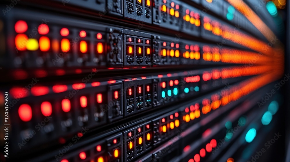 Poster colorful illuminated server panels showcasing technology in a data center environment