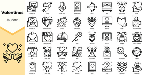 A collection of 40 Valentine's Day themed icons featuring hearts, gifts, and romantic symbols.