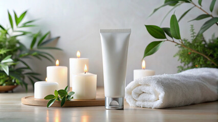  Blank White Cosmetic Tube with Eucalyptus, Candle, and Towel on Wooden Background 