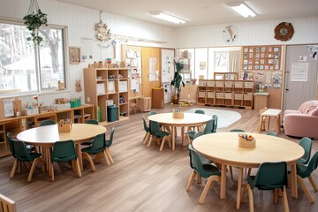 Bright and airy kindergarten classroom with wooden tables, green chairs, and pink armchairs. Kid-friendly space with vibrant and playful decor.