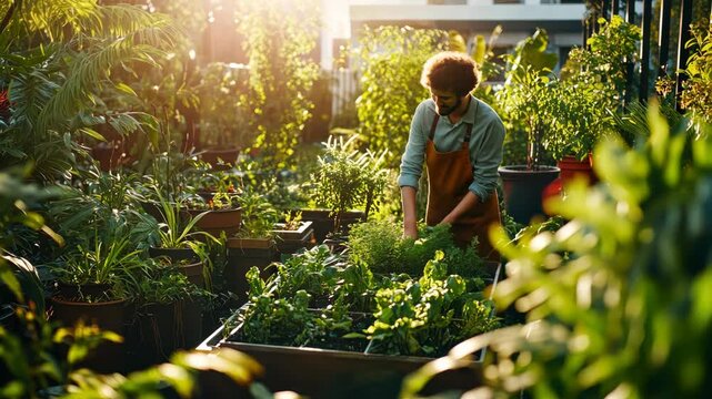 Gardener tending lush urban garden at sunrise