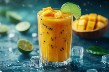Mango lime smoothie, tropical drink, cool background