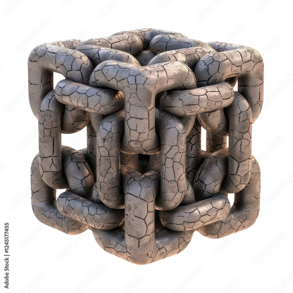 Poster 3d abstract structure resembling cube made of interconnected, cracked links, showcasing unique desig