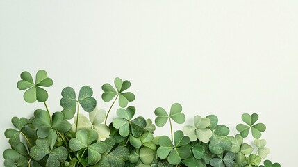 Fototapeta premium Clover leaves border on white background; St. Patrick's Day