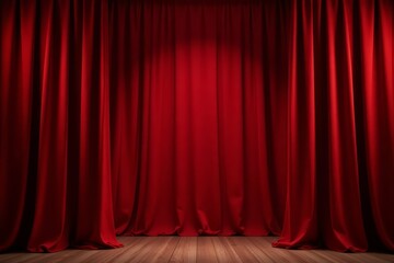 Red velvet curtains drape a wooden stage