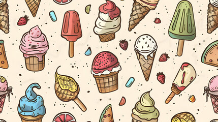 Colorful illustration of various ice cream cones and popsicles on a light background, perfect for summer themes (1)